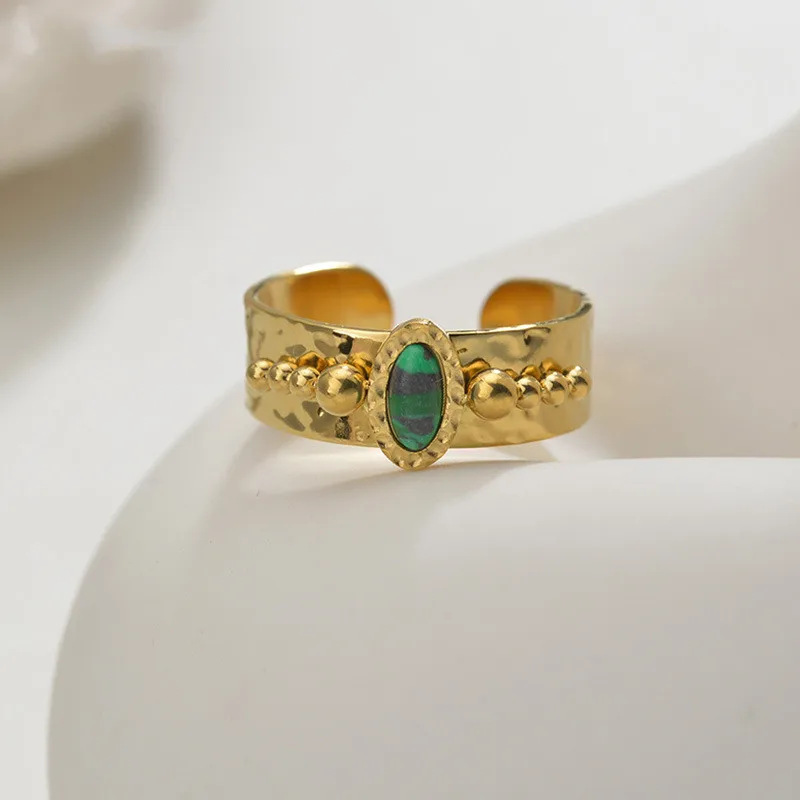 

High Quality Vintage Women Jewelry Punk Colorful Turquoise Rings Stainless Steel 14k Gold Plated Open Gemstone Rings, Gold steel