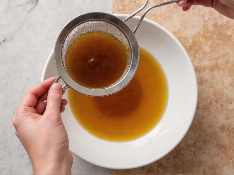 Straining homemade au jus into serving bowl