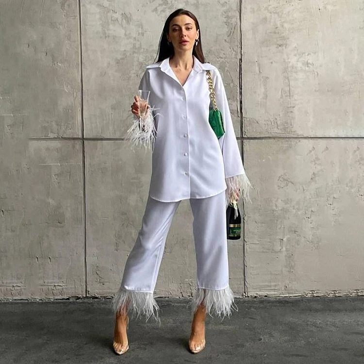 

2022 New Arrivals Patchwork Feather Long Sleeve Shirt White Spring Matching Set Casual Two Piece Pants Set