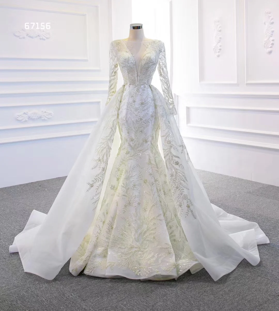 

Latest Designs Mermaid Wedding Dress Long Sleeve Bridal Gown Detachable Train Wedding Dress, As picture or your request