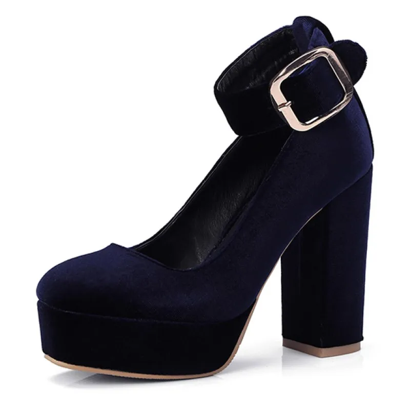 

Blue Navy Velvet Chunky Platforms Sole Mary Jane Block High Heels Shoes, Blue, black, red wine, khaki