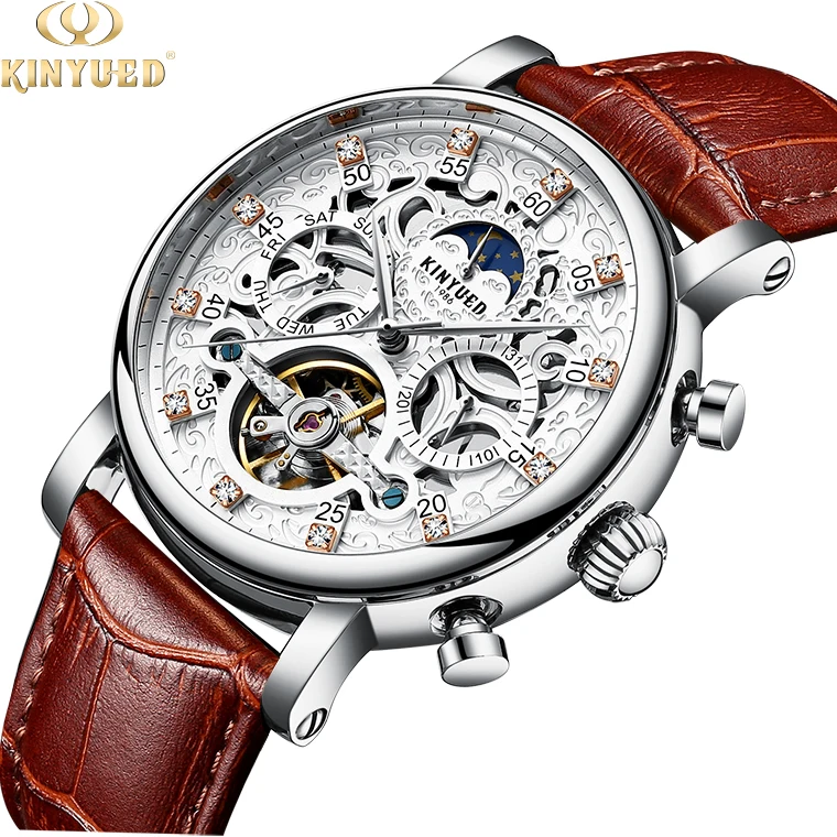

KINYUED New Items Skeleton Dial Leather Strap Luminous Automatic Water Resistant Men's Sport relojes hombre, 4 colors