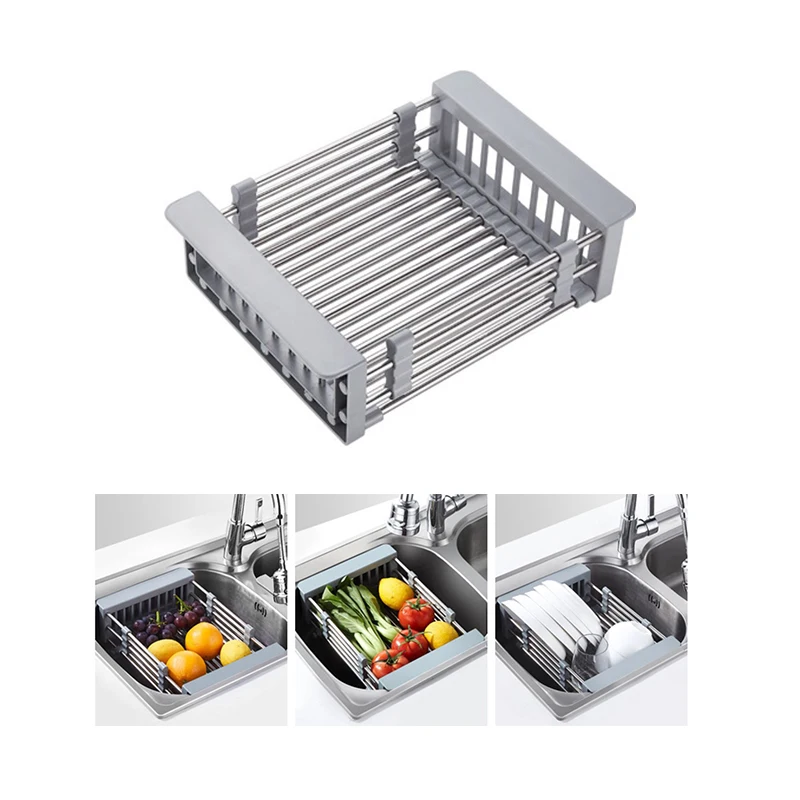 

Stainless Steel Expandable Sink Drain Basket Kitchen Strainer Drain Storage Rack Tableware, Black;gray