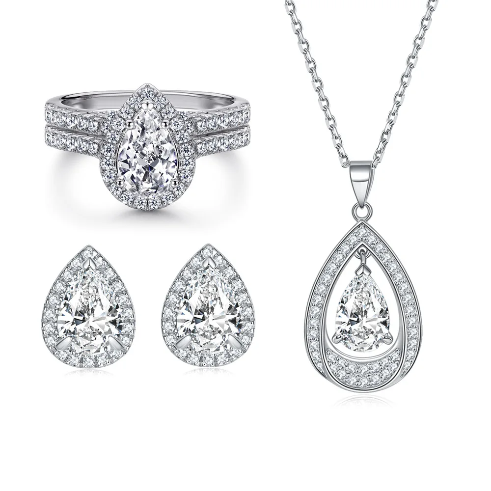 

Luxury Rhodium Plated Pear Shape Pendant 925 Sterling Silver Necklace Earring Water Drop Cubic Zircon Ring Fine Jewelry Set