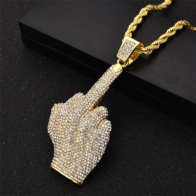 

Mens Hiphop Jewelry Iced out 18k Gold Plated Micro Pave Middle Finger Pendant Necklace