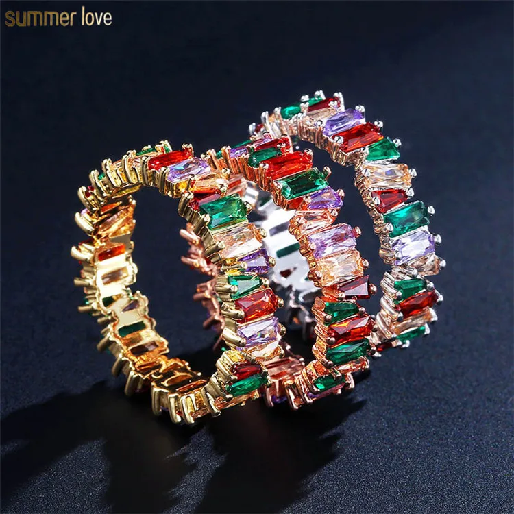 

Classic Irregular Rainbow Gold Silver Geometric Rectangle Engagement Zirconia Wedding Finger Band Rings Jewelry, Colorful