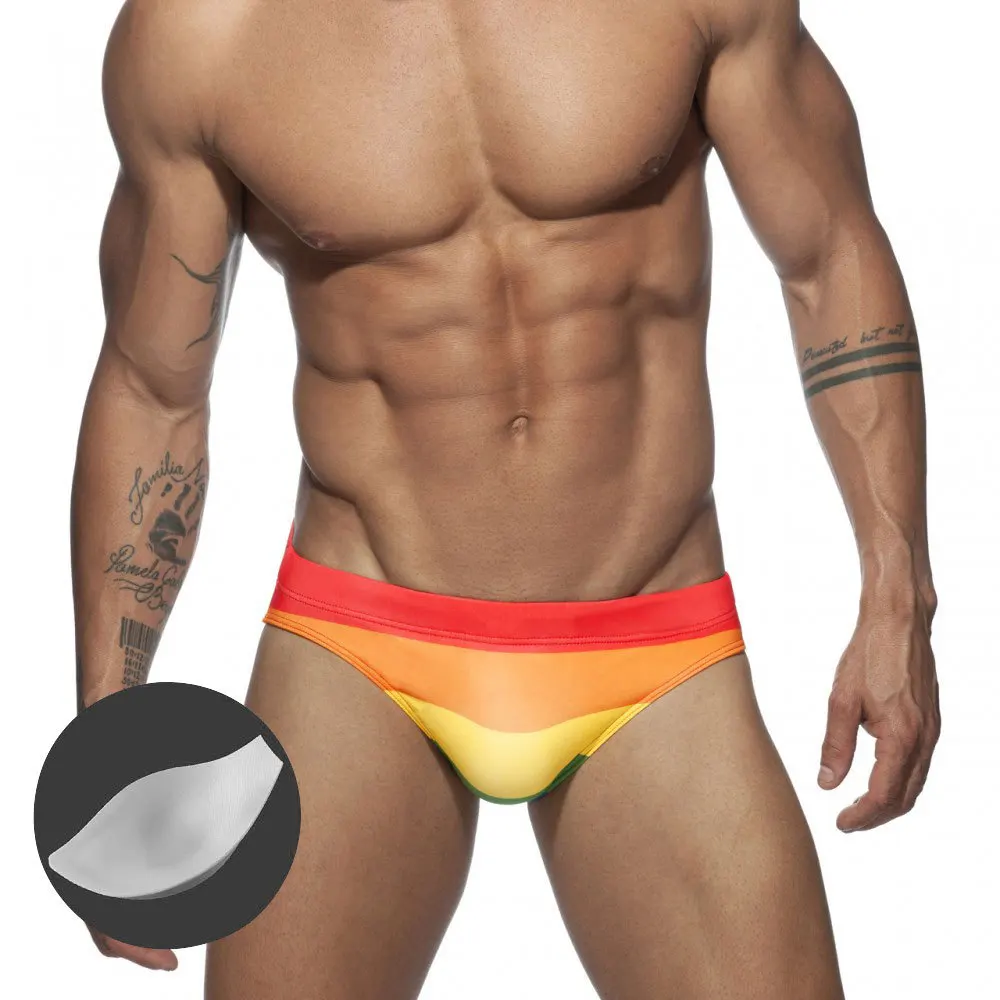 

Men's rainbow triangle swimming trunks sexy with cup anti-awkward three-dimensional triangle beach swimming