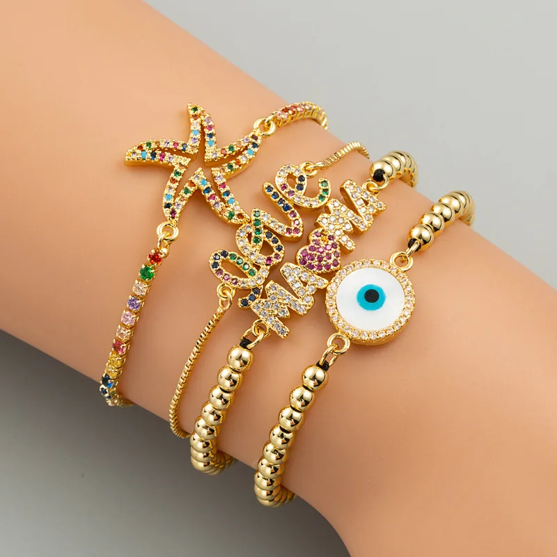 

Fashion Adjustable Letter Mama Bracelets Cubic Zirconia Charm Copper Beads Pendent Bracelet