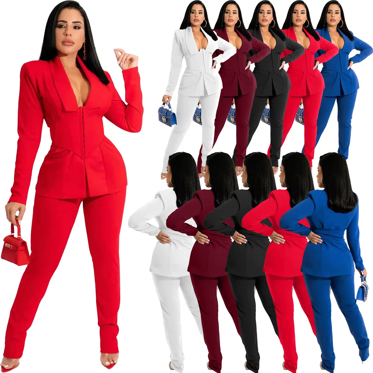 

Best Solid color temperament suit jacket 2 piece set fall long sleeve shirt long pant women two piece blazer set with Sashes, As picture or customized make