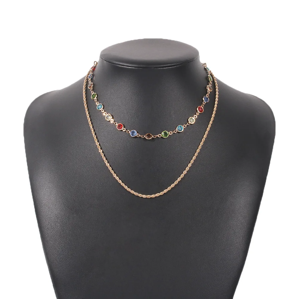 

2021 Double Layer Colorful Rhinestone Chain Necklace Double Layer Chain Twist Chain Necklace