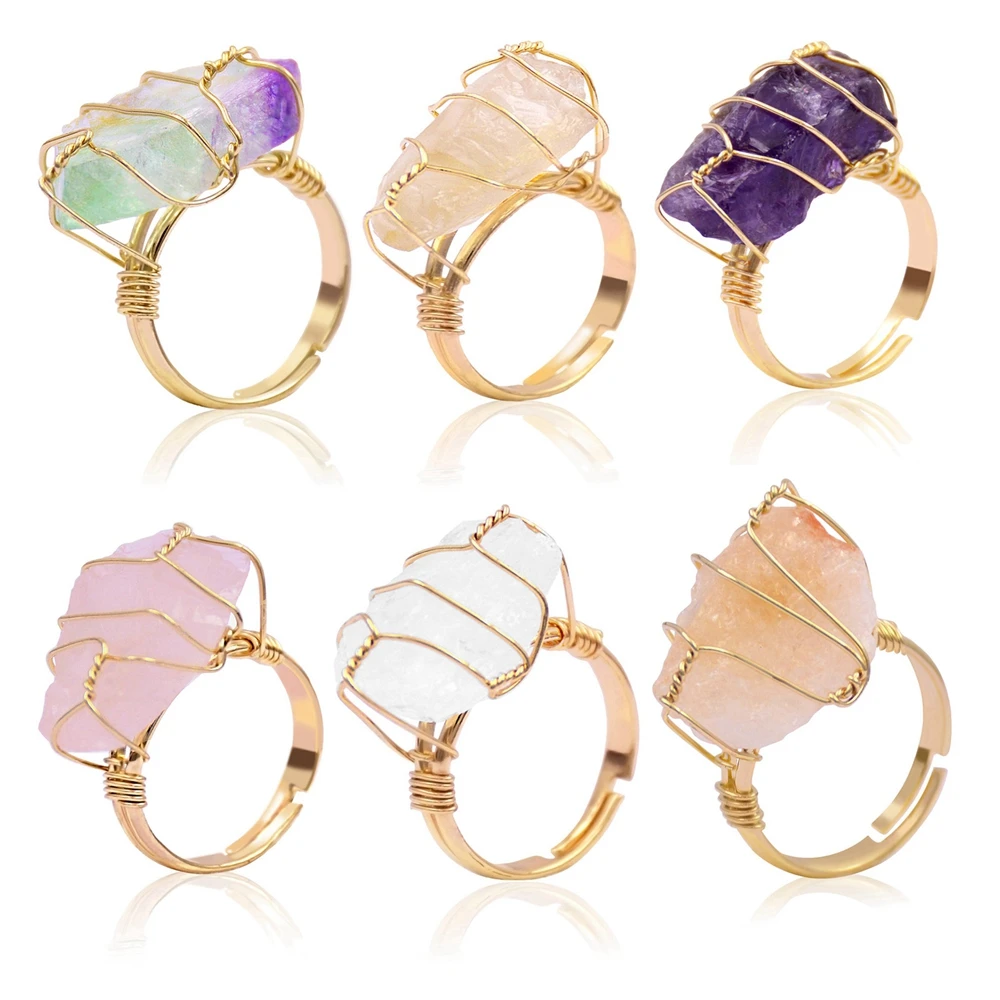 

New Design Raw Quartz Bohemian Adjustable Crystal Ring Natural gold hand make Wire Wrapped Ring mineral stone Fluorite Jewelry