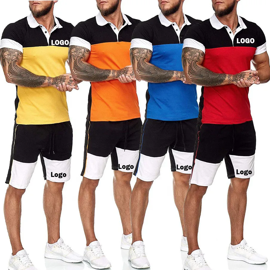 

2021 Summer Hot Sale New Support Customized Logo Men's Sports Color Patchwork Lapel POLO Shirt Casual Suit 2 Piece Set For Men, As picture