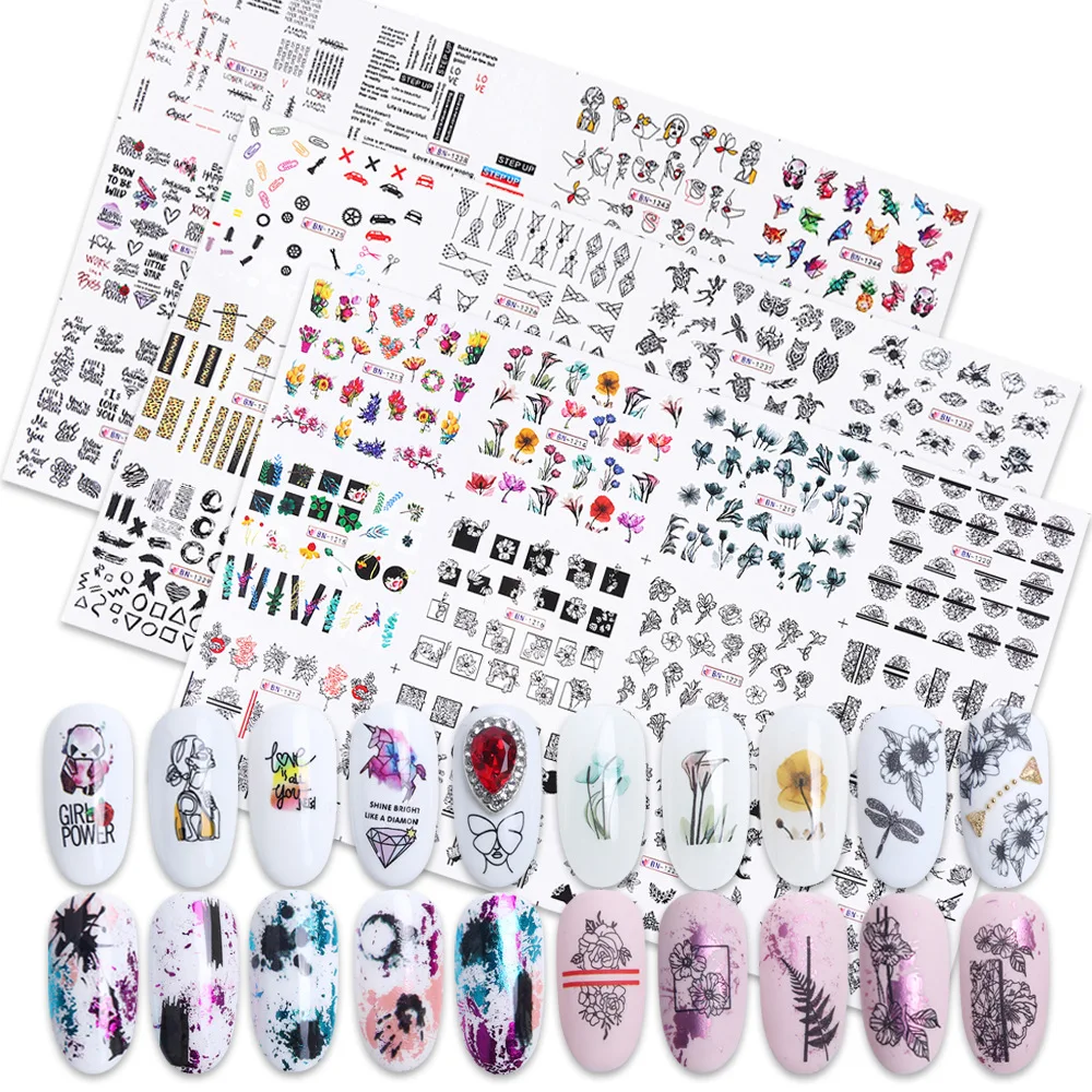 

Hot Sale Black and White Line Art Ins Pop Pattern Nail Applique Animal Abstract Nail Art Sticker Set, Pictures showed