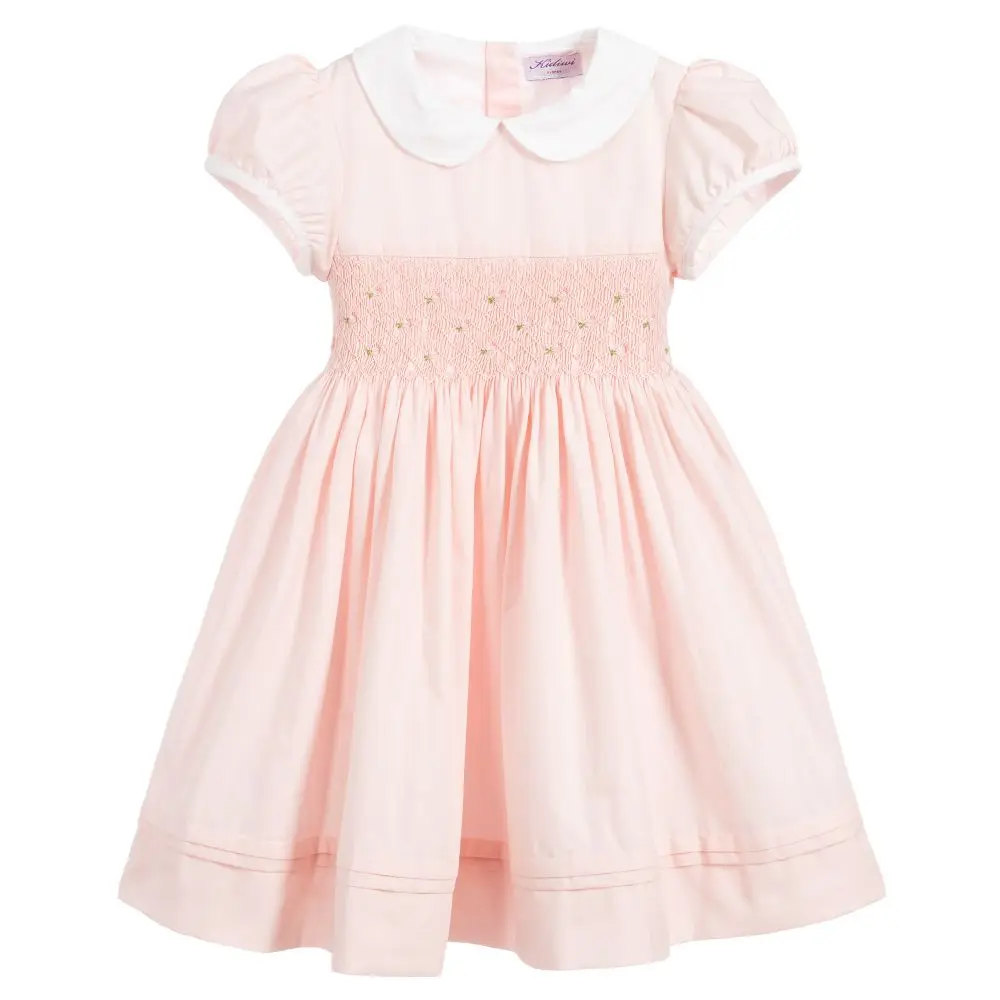 

Light Pink Custom Summer Boutique Short Sleeve Girls Embroidered Smocked Dresses Children Clothes for Baby Kids 1-8 T, As picture