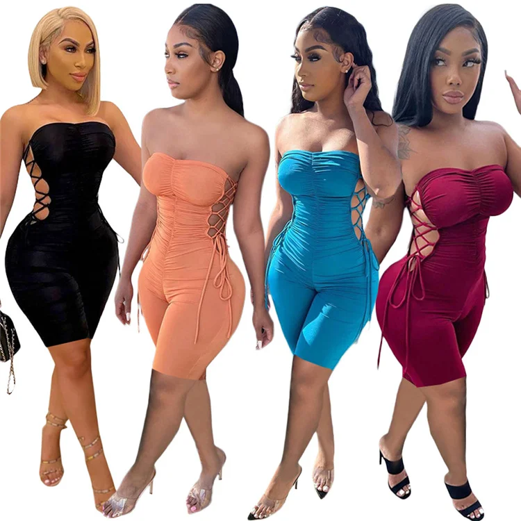 

Women Casual Solid Shirring Side Bandages Jumpsuit Short Solid Bandage Jumpsuits For Women, Customized color