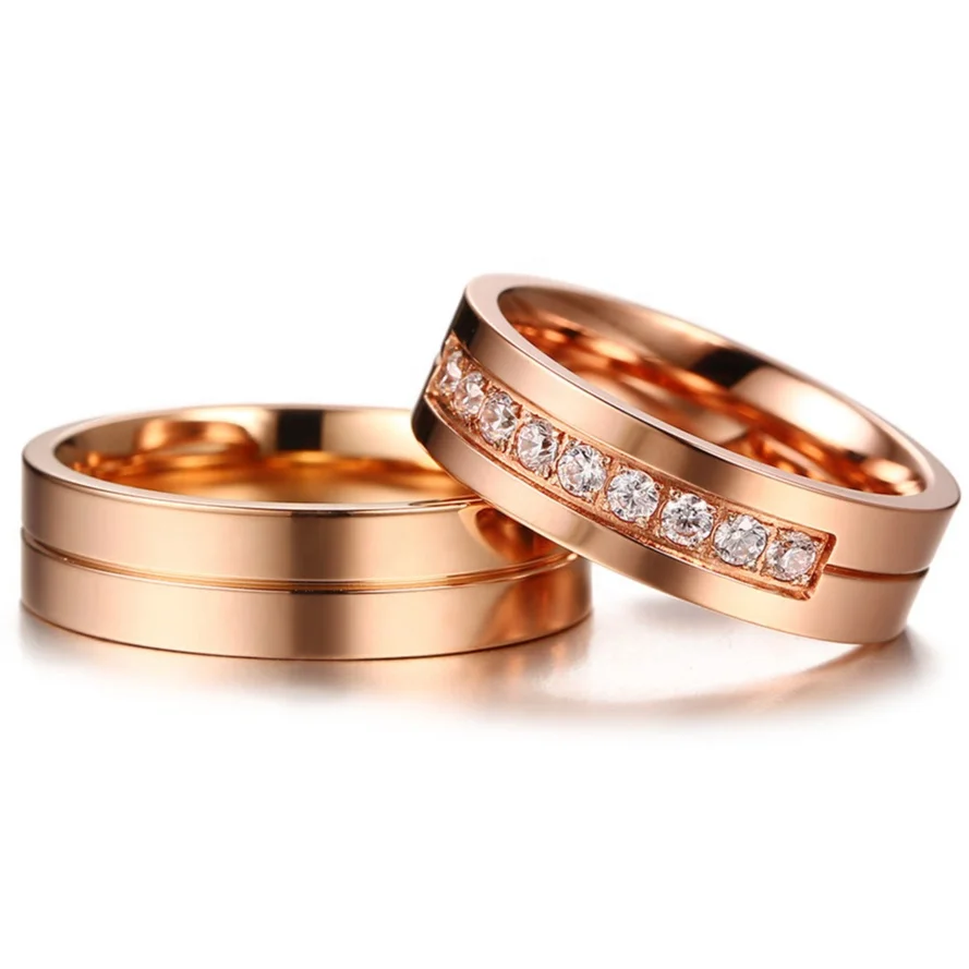 

Gold Color Cubic Zirconia Stainless Steel Couple Rings Band Bridal Jewelry Wholesale Titanium Vintage Engagement Rings Men Women, Rose gold