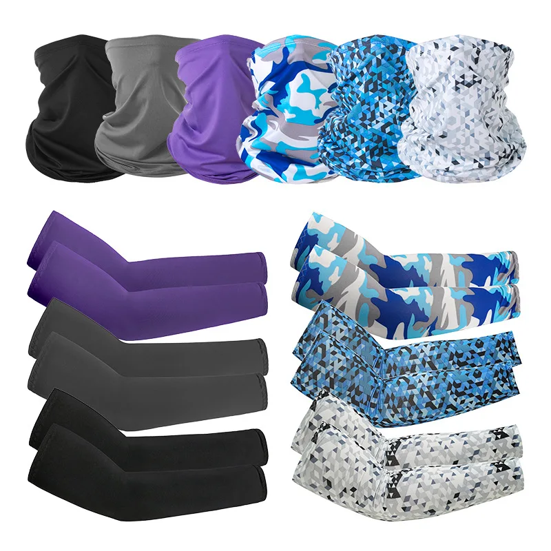 

(Black, Grey, Camouflage) Summer UV Protection Face Cover Neck Gaiter Scarf and Ice Silk Arm Sleeves Set, Picture shows