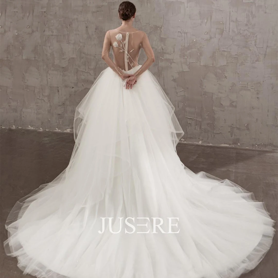 Elegant ivory scoop illusion cutout neck long sleeve ruched skirt european styles ball gown wedding dress plus size bridal gown