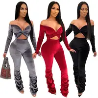 

11549NA Best Design Off Shoulder Knot Heaps Pant Pleuche One Piece Wholesale Clothing Woman Jumpsuits And Rompers