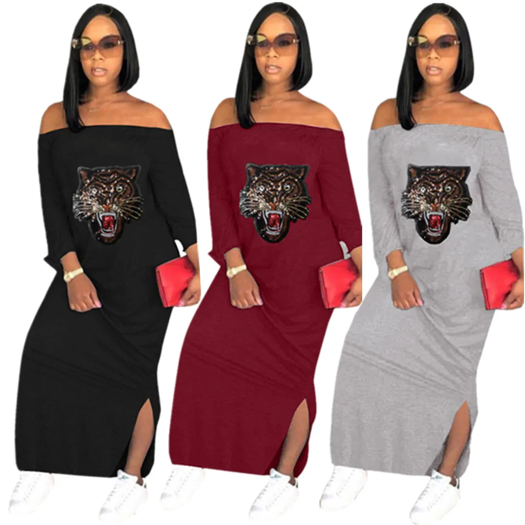 

European and American women's dress wear a word collar woman colthes sequin tiger head on both sides of the split lady's dress