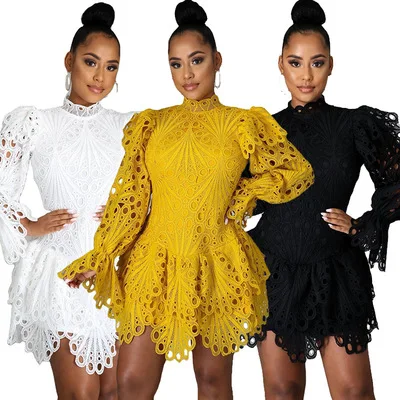 

Factory wholesale new 2021 hot style solid color European fashion catwalk hollow lace dress women