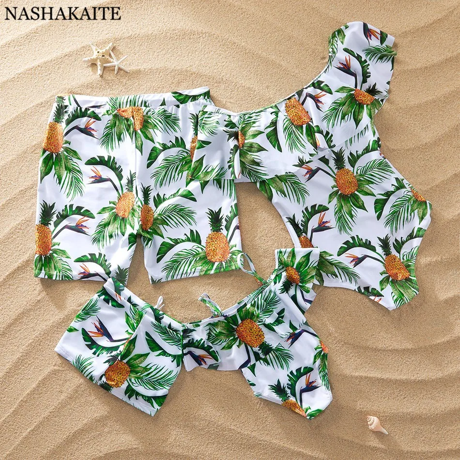 

Family Look Swimwear Blue Leaf Print Beachwear Swimsuit Mom Daughter family swimsuits Beach Shorts For Kids Men, Customized color