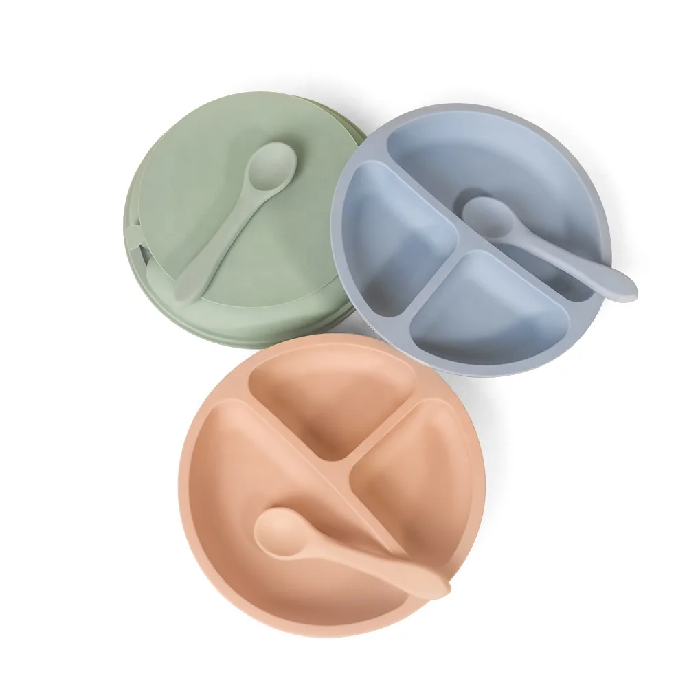 

new bpa free baby suction silicone plate with divider, Sage, clay, apricot, mustard, ether, dark grey etc