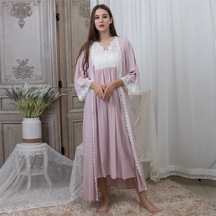 

Factory Supply 2 Piece Set Sleep Wear Ladies 100% Cotton Pajamas Women Dubai Long Robe Gown Set Nightwear Sleeping Dress