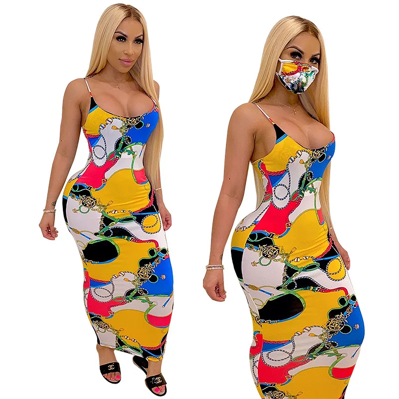 

Stock Face Cover 2021 Sexy Bodycon Sleeveless Strap V-neck Dress Floral Printed Streetwear Long Maxi Dress Women Sundress New Arrival