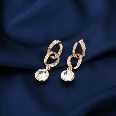 

Trendy Gold Hoop Earrings Simple Round Top Quality Rhinestone Paved drop Earrings For Women Wedding Jewelry Gold Pendientes, Picture shows