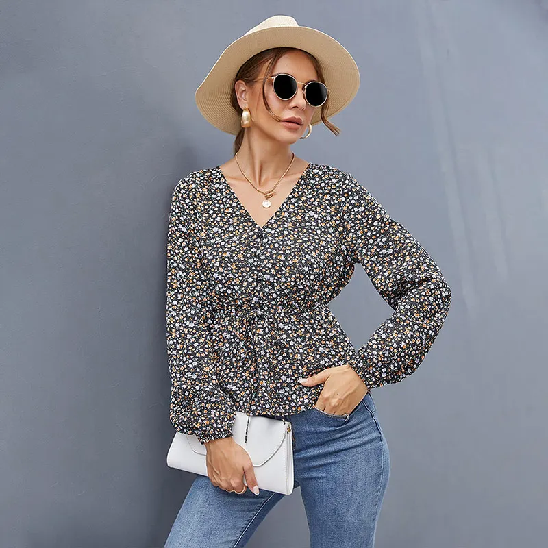 

Drop Shipping Women Elegant Tops Ditsy Floral Peplum Hem Puff Sleeves Belted Top Blouses For Ladies