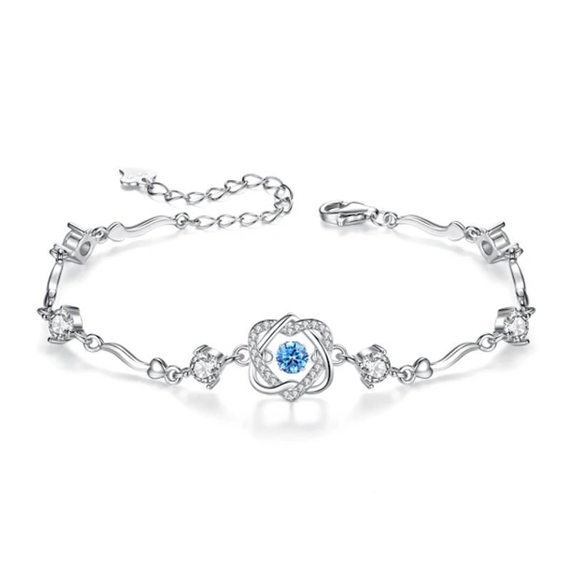 OEM&ODM Valentines Day Gift Blue Dancing CZ Stone 925 Sterling Silver Bangle Heart Shaped Bracelet Valentine Gifts Jewelry
