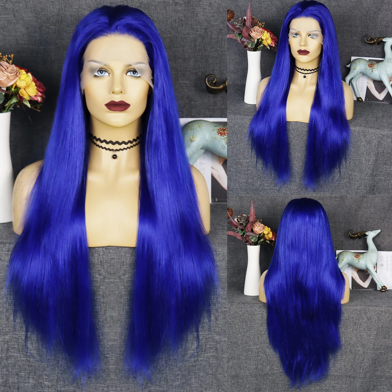 

Anogol New Fashion Long Straight Dark Blue 13*3 Free Part Heat Resistant Synthetic Lace Front Wigs for Women