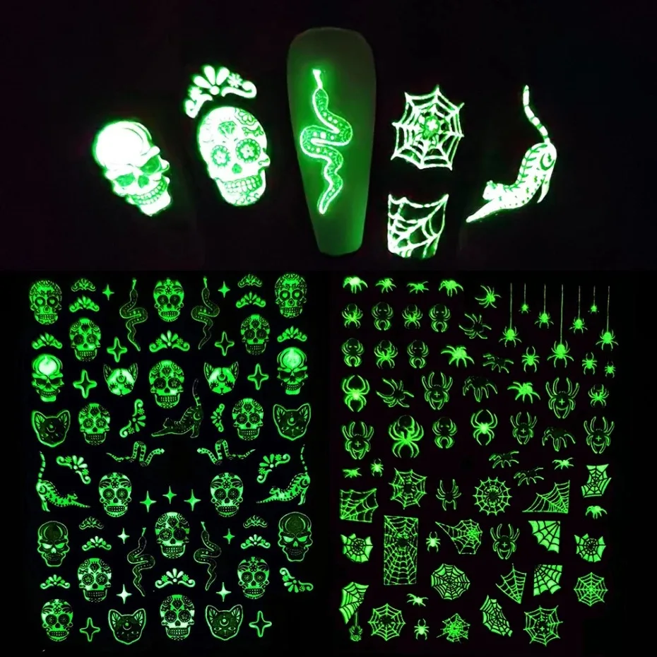 

Glowing In The Dark Happy Halloween Nail Decoration Luminous 3D Adhesive Nail Art Sticker Pumpkin Spider Ghost Bat Slider Tips