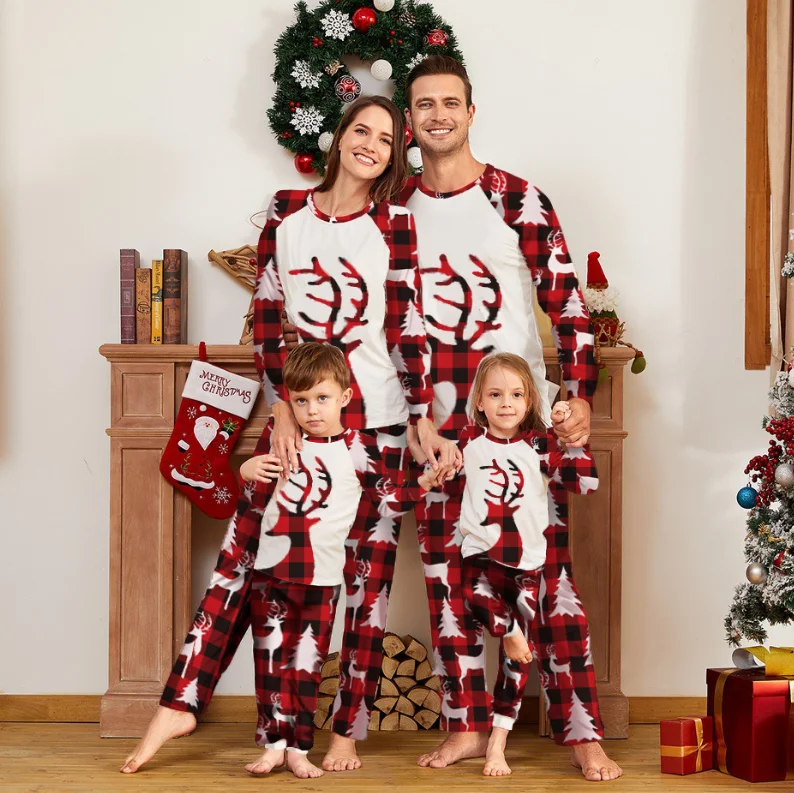 

2021 cute reindeer christmas pj family matching color, designer christmas santa pajamas women home sleepwear, Red