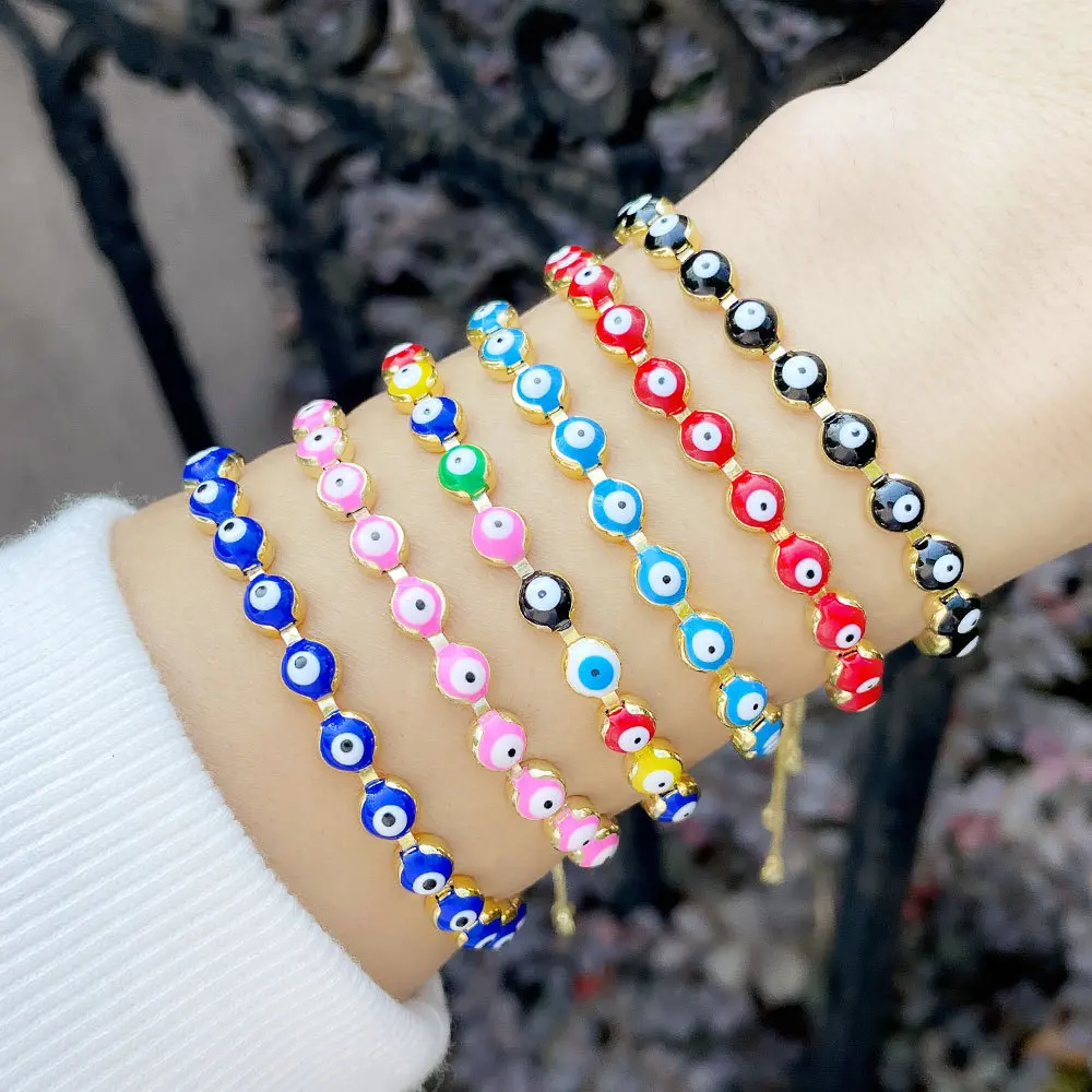 

Wholesale Jewelry Bohemian Evil Eye Bracelet Gold Plated Adjustable Enamel Eye Beaded Bracelet