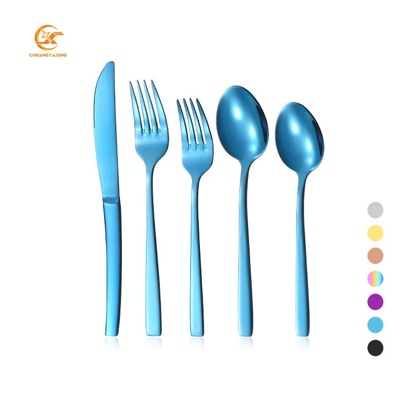 

Blue Fashionable Metal Flatware Set Colorful Cutlery Set Stainless Steel Knife Fork Spoon for Restaurant, Rainbow/silver/gold/rose gold/purple/blue