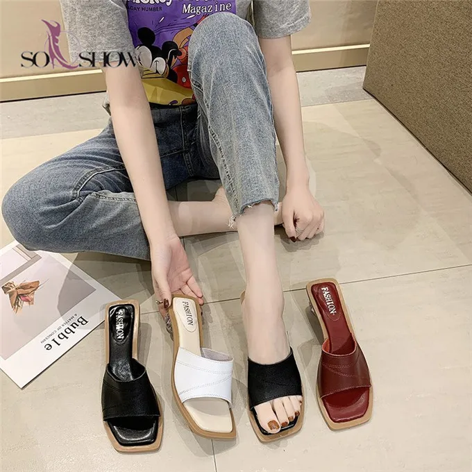 

hot sale real Genuine leather shoes lady slipper big size female slippers transparent heels for women