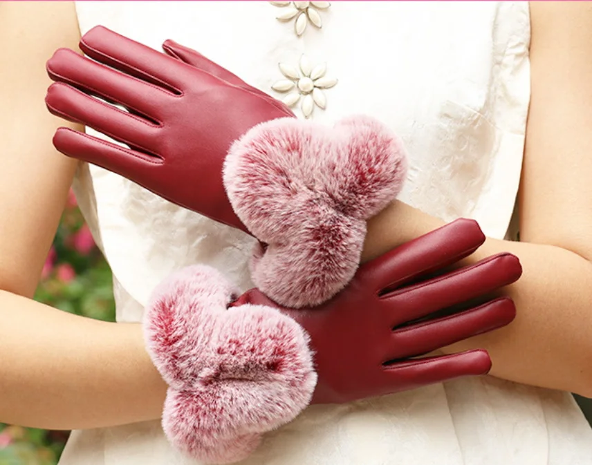 

Women Winter Gloves Faux Rabbit PU Leather Touch Screen Mittens Lady Female Outdoor Driving Warm Gloves, Black