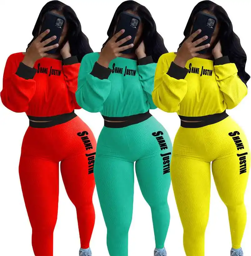 

KM10179 Autumn Long Sleeve SHANE JUSTIN Letter Printed Women Skinny Joggers Suit 2 piece set tracksuit jogging set for women