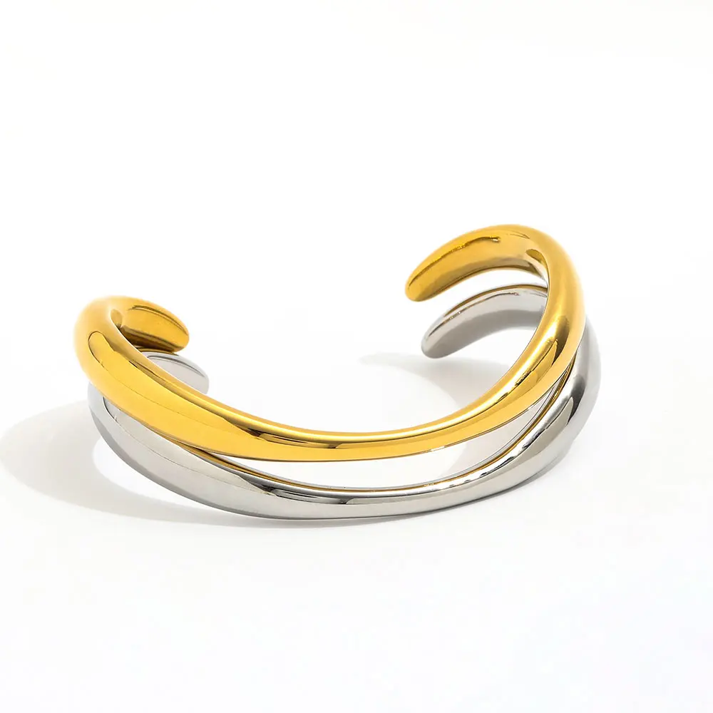 High End 18K PVD Gold Plated Tarnish Free Waterproof Irregular Curve Lines Cuff Bracelet Bangle Stainless Steel Jewelry