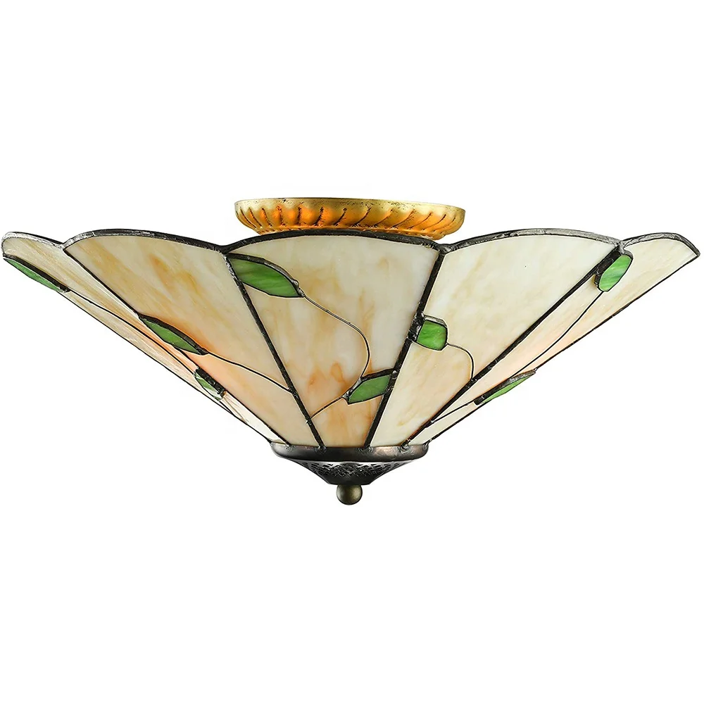 TFC-7992 Tiffany Style Flush Mount Ceiling Light Minimalist Green Leaf Decoration Stained Glass Ceiling Light for Bedroom