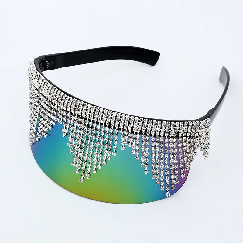 

Large frame fashionable eye protection luxury women rhinestone tassel face shield glasses