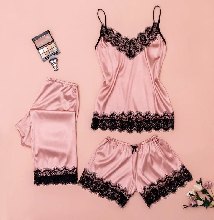 

High Quality Sexy Women Four Piece Pajamas Set Silk Nightgowns Sexy Lace Robe Set Victorias silk pajamas secreted