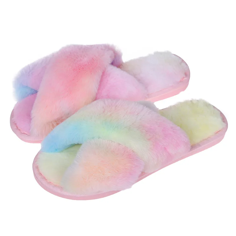 

Amazon AliExpress Hot Sale Shoes Women Sippers Plus Size Plush Color Rainbow Open Toe Cross Flat Womens House Slipper