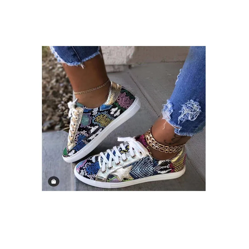 

2020European And American Print Snake-print Pu Women's Shoes Flat Sole Sneakers Size  Skateboards, As shown in figure