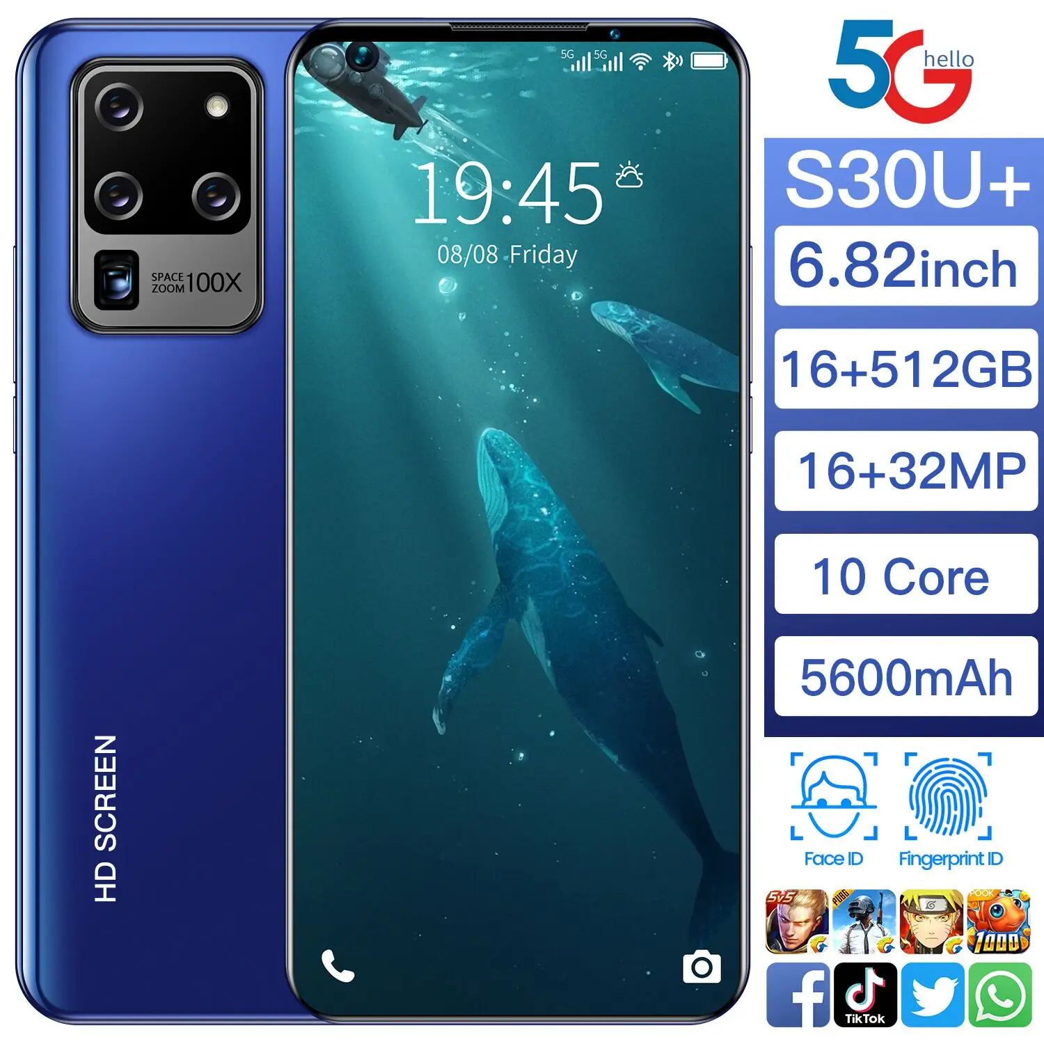 

S30u+ S30U plus 7.2 inch Big Screen 12GB+512GB Smartphone Android10 5G Unlock Big Screen Cellphone Triple SIM Mobile Phone