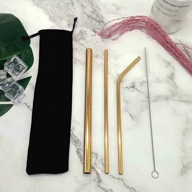 

Bent Straight Drinking Straw Kit Stainless Steel 304 Set with Black Velvet bag, Silver,gold,rose gold,black,rainbow,purple,blue,pink,green,red