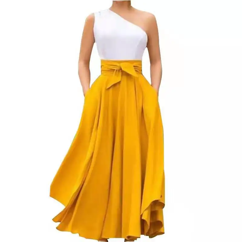 

2020 Amazon Hot Sale One Shoulder Sleeveless Ribbons Sexy Patchwork Women Evening Dress Maxi Dress, Red,orange,purple,green