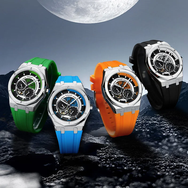 

Fairwhale Fashion Earth Design Skeleton Case Rubber Strap Mechanical Wrist Watch For Men